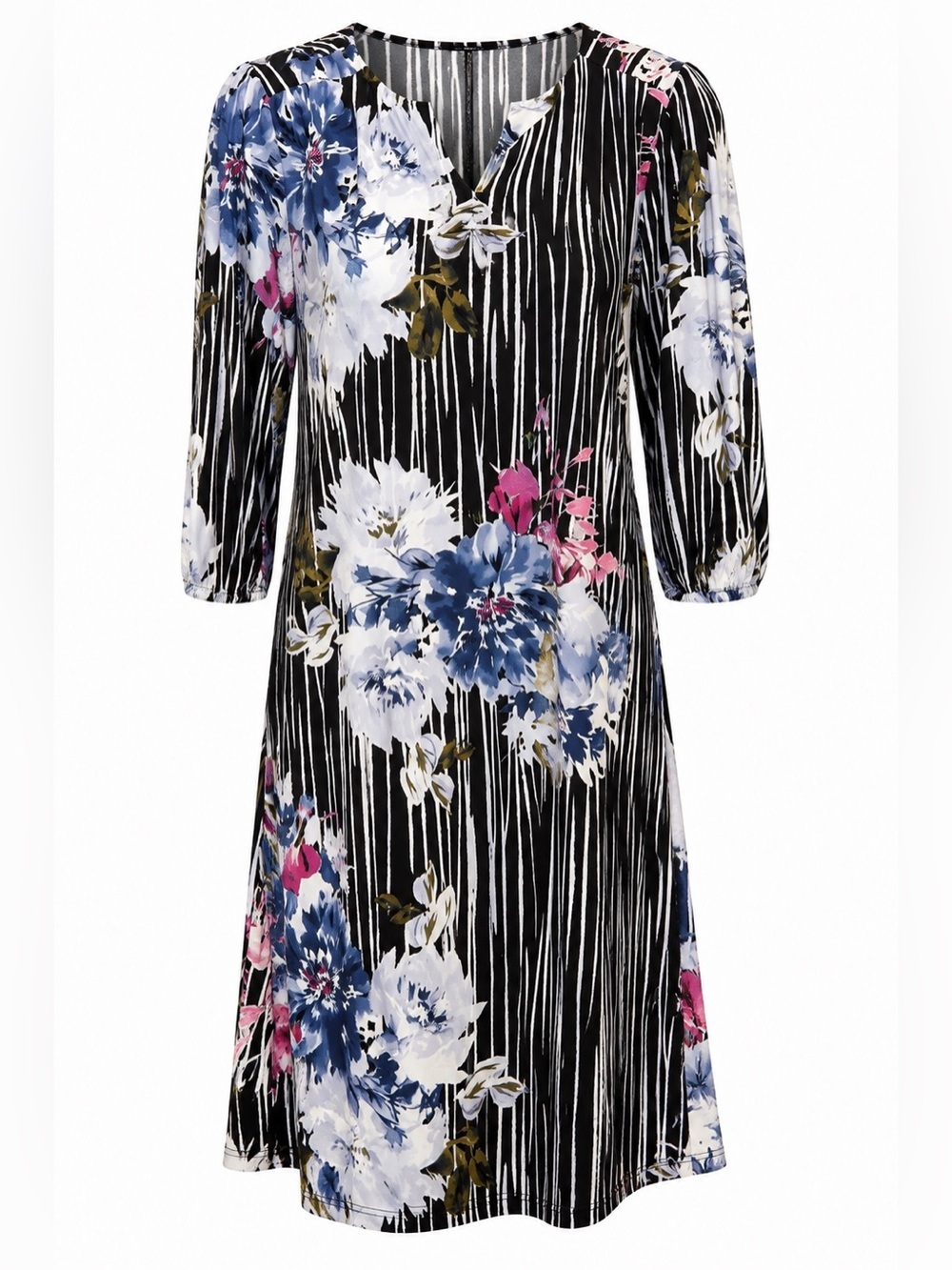 Luxology black white and blue floral midi dress